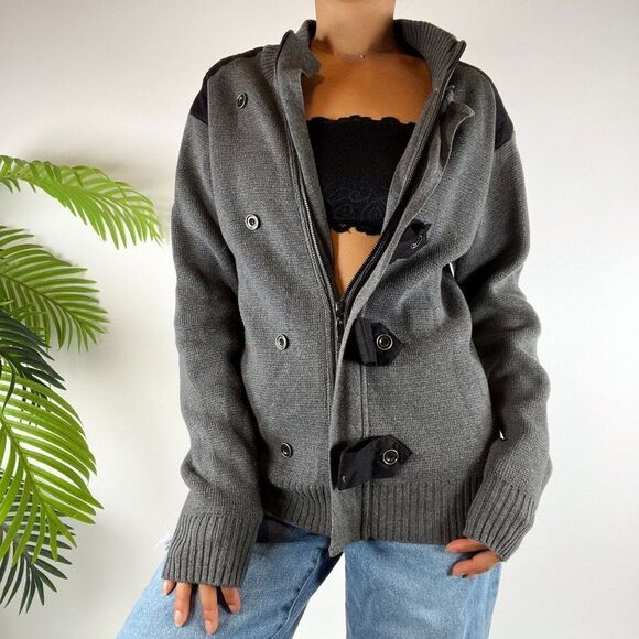 Vintage Y2K Gray Indie Grunge Steampunk Military Style Sweater Jacket / Size: S - Picture 4 of 5